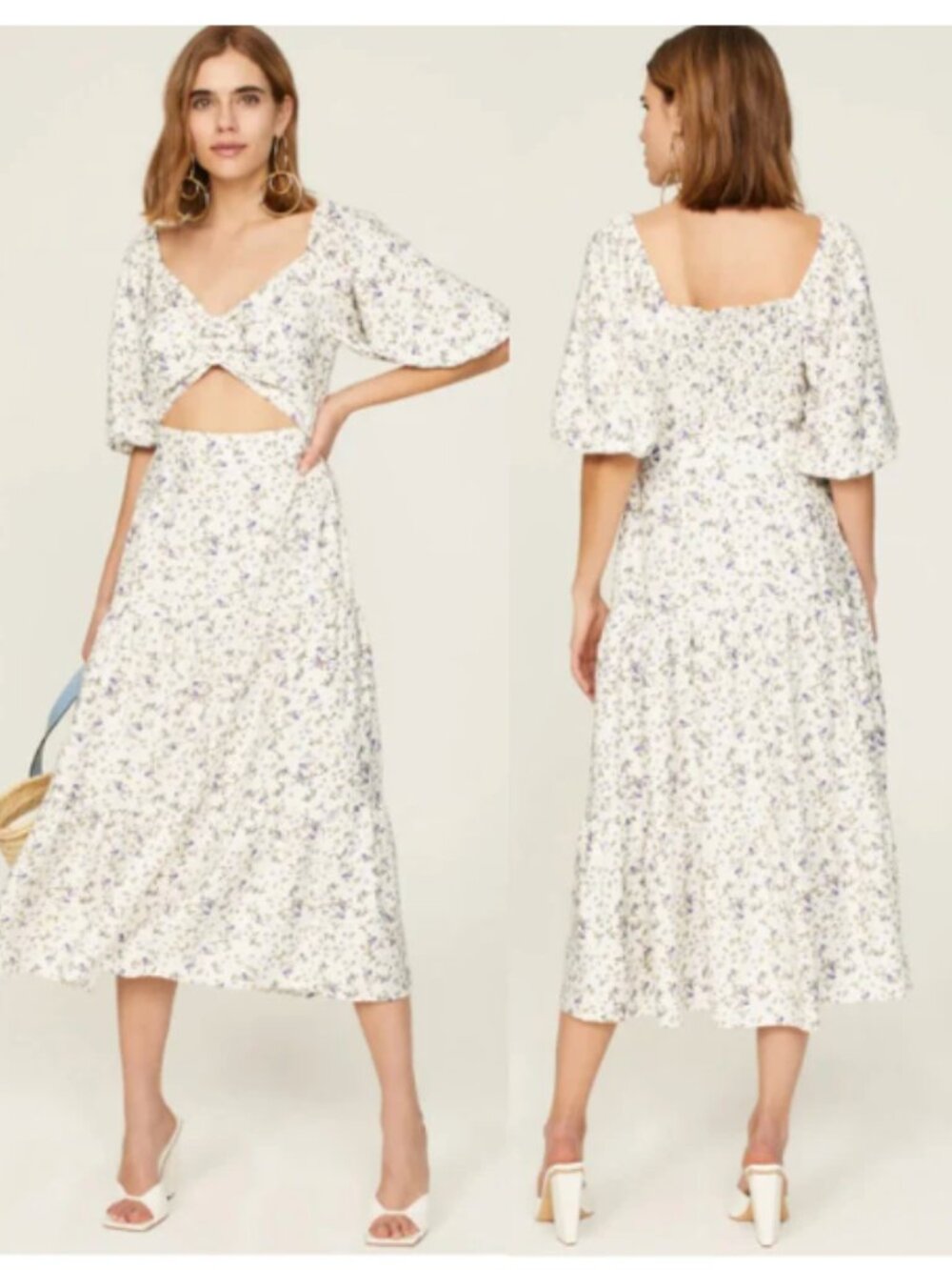 MINKPINK Hailey Floral Puff Sleeve Cutout Midi Dress Off-White Purple